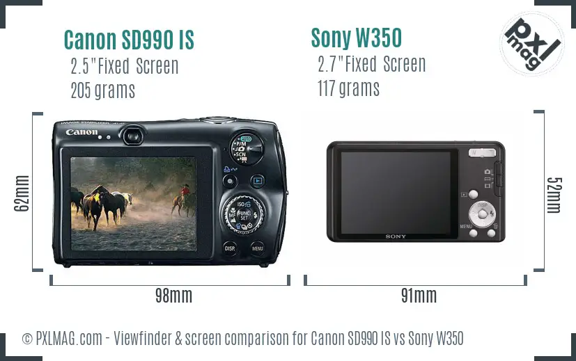 Canon SD990 IS vs Sony W350 Screen and Viewfinder comparison