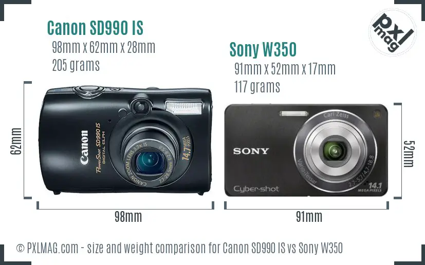 Canon SD990 IS vs Sony W350 size comparison