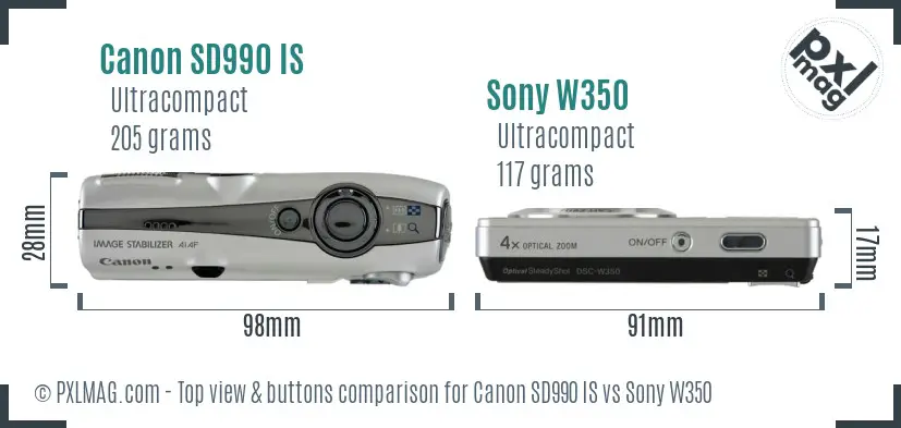 Canon SD990 IS vs Sony W350 top view buttons comparison