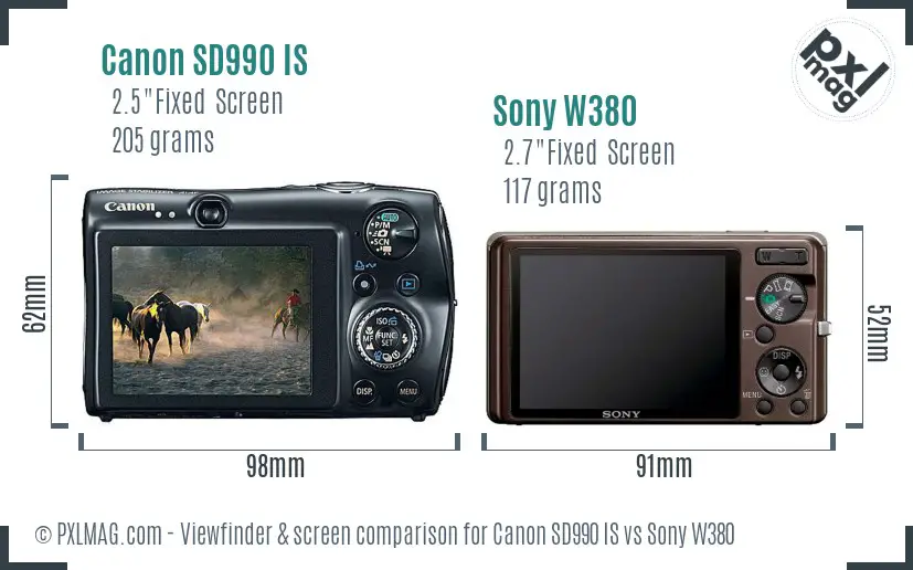 Canon SD990 IS vs Sony W380 Screen and Viewfinder comparison