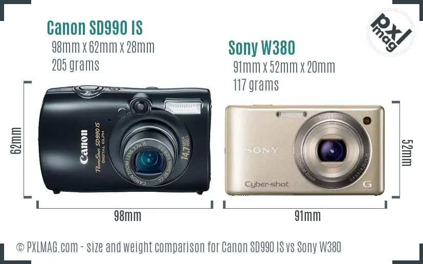 Canon SD990 IS vs Sony W380 size comparison
