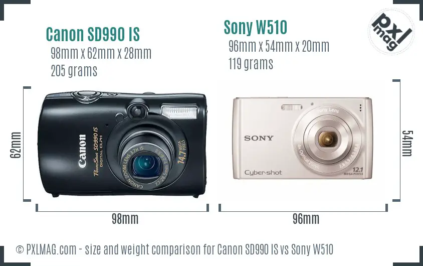 Canon SD990 IS vs Sony W510 size comparison