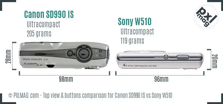 Canon SD990 IS vs Sony W510 top view buttons comparison