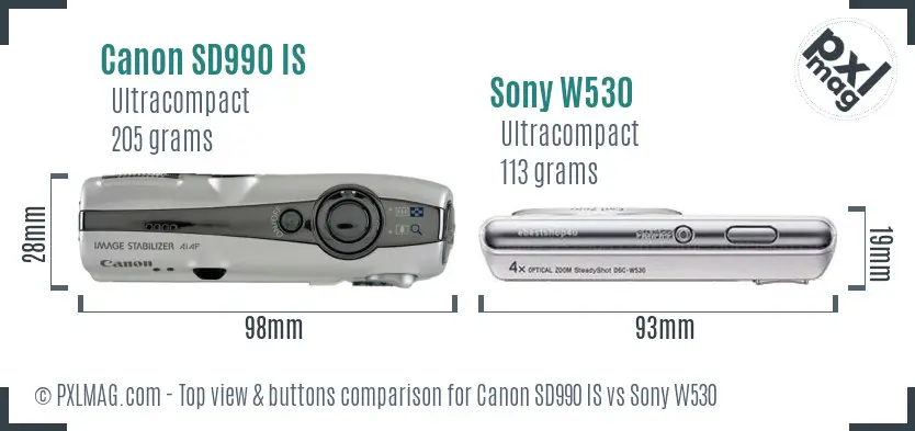 Canon SD990 IS vs Sony W530 top view buttons comparison Canon SD990 IS vs Sony W530 top view buttons comparison
