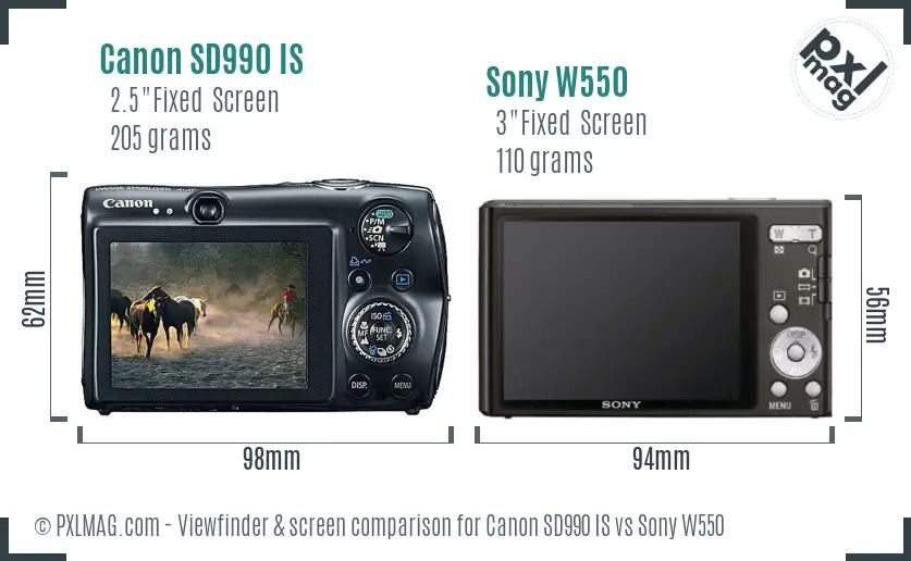 Canon SD990 IS vs Sony W550 Screen and Viewfinder comparison