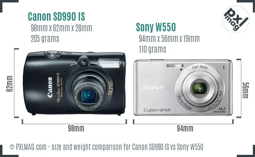 Canon SD990 IS vs Sony W550 size comparison