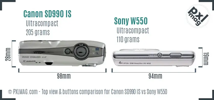 Canon SD990 IS vs Sony W550 top view buttons comparison