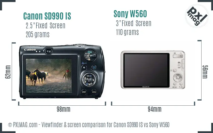 Canon SD990 IS vs Sony W560 Screen and Viewfinder comparison