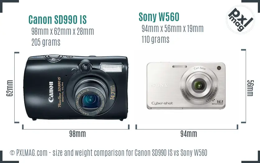 Canon SD990 IS vs Sony W560 size comparison