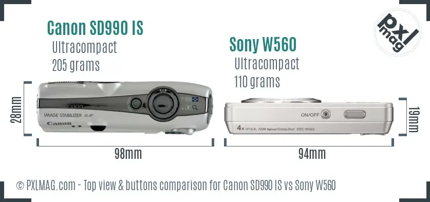 Canon SD990 IS vs Sony W560 top view buttons comparison