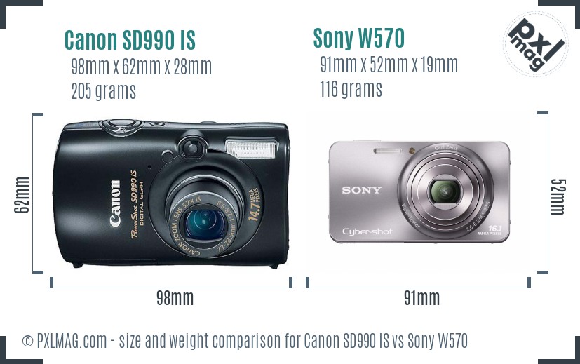 Canon SD990 IS vs Sony W570 size comparison