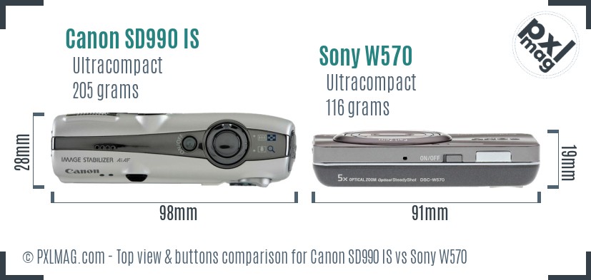Canon SD990 IS vs Sony W570 top view buttons comparison