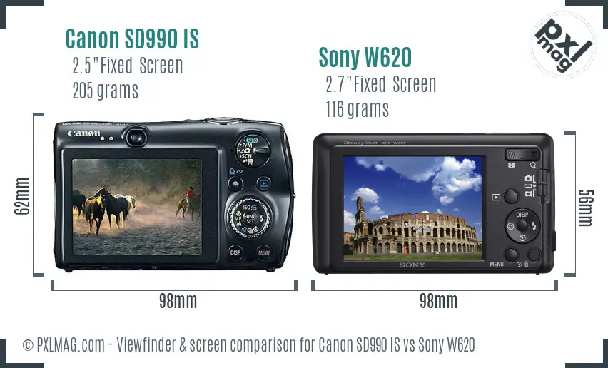 Canon SD990 IS vs Sony W620 Screen and Viewfinder comparison