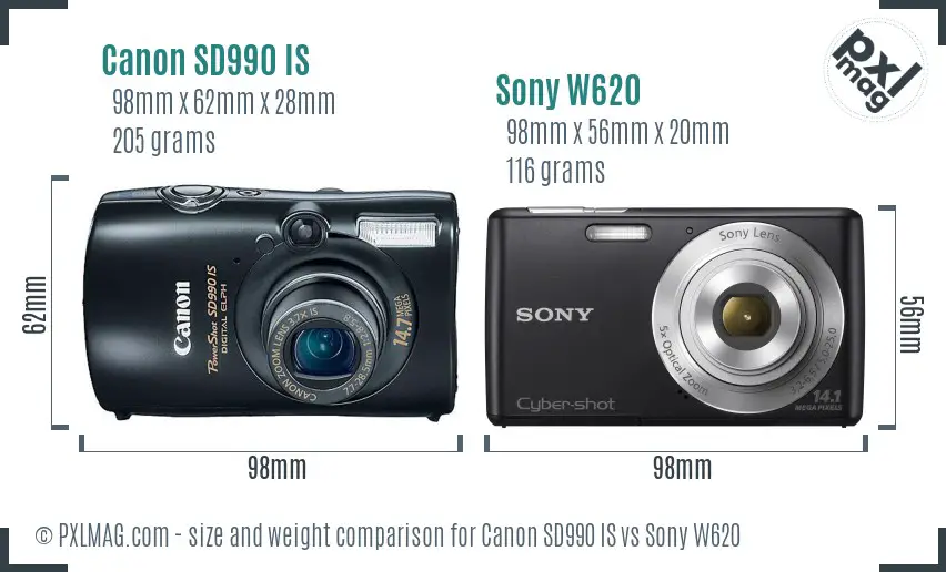 Canon SD990 IS vs Sony W620 size comparison