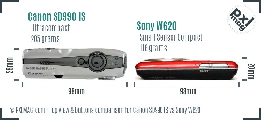 Canon SD990 IS vs Sony W620 top view buttons comparison