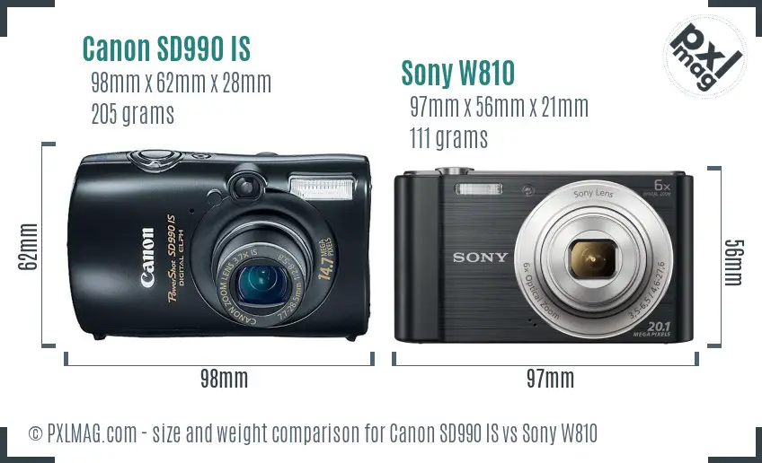 Canon SD990 IS vs Sony W810 size comparison