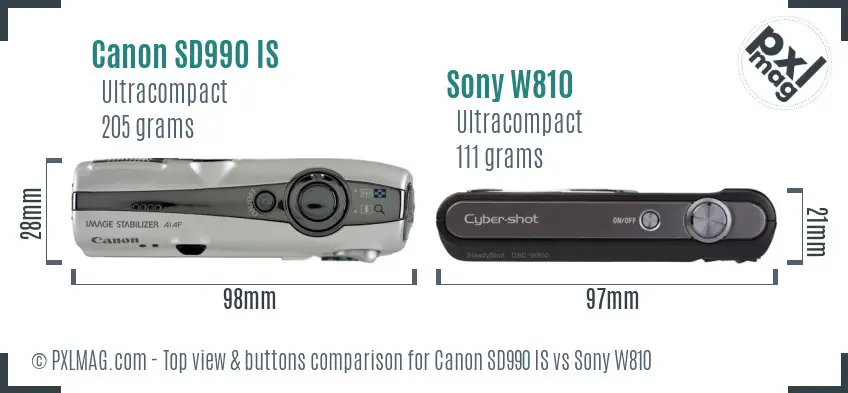 Canon SD990 IS vs Sony W810 top view buttons comparison