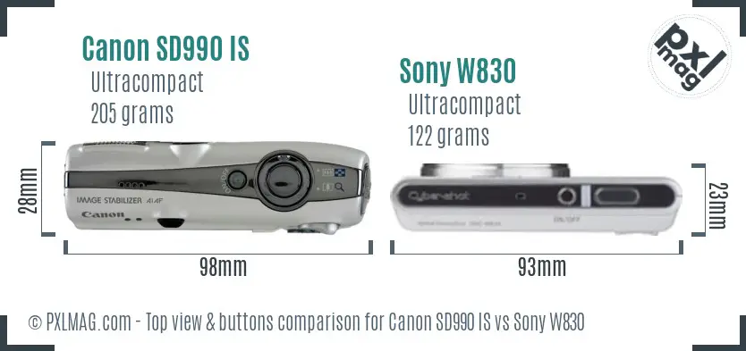Canon SD990 IS vs Sony W830 top view buttons comparison Canon SD990 IS vs Sony W830 top view buttons comparison