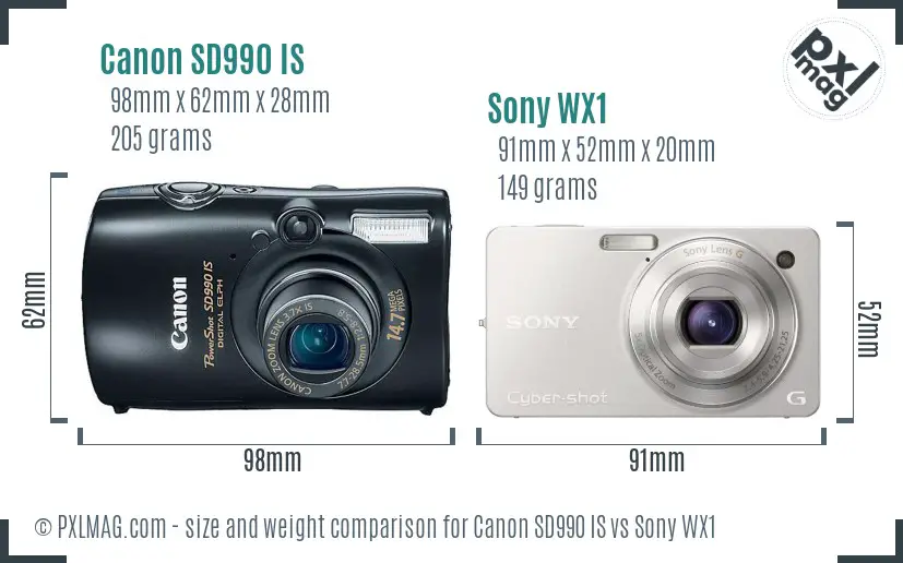 Canon SD990 IS vs Sony WX1 size comparison