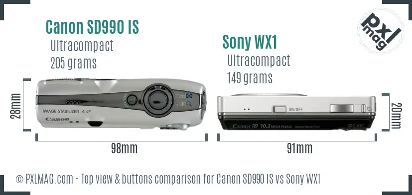 Canon SD990 IS vs Sony WX1 top view buttons comparison