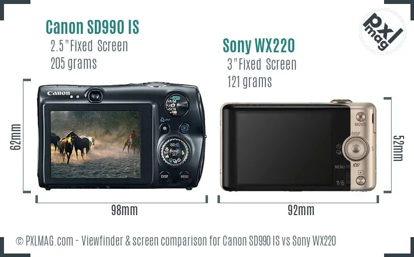 Canon SD990 IS vs Sony WX220 Screen and Viewfinder comparison