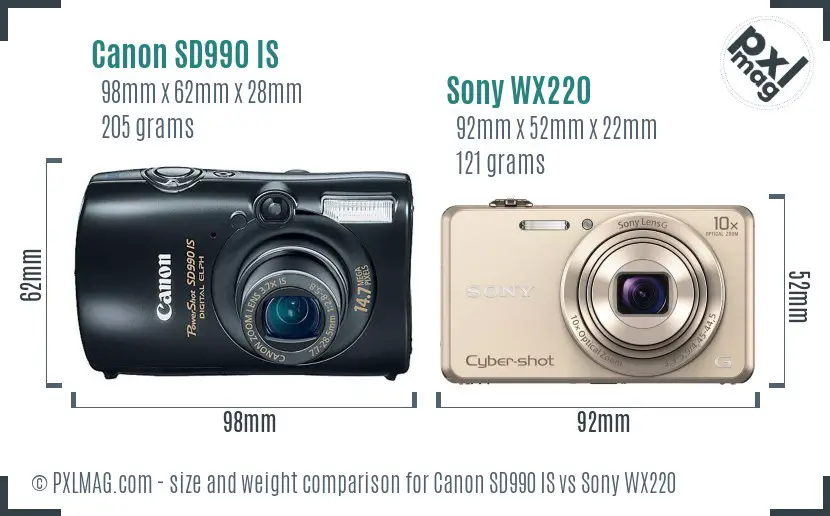Canon SD990 IS vs Sony WX220 size comparison