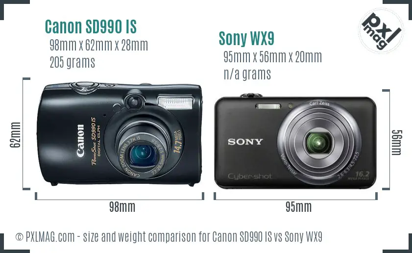 Canon SD990 IS vs Sony WX9 size comparison