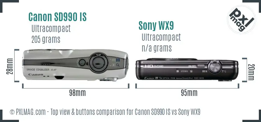 Canon SD990 IS vs Sony WX9 top view buttons comparison