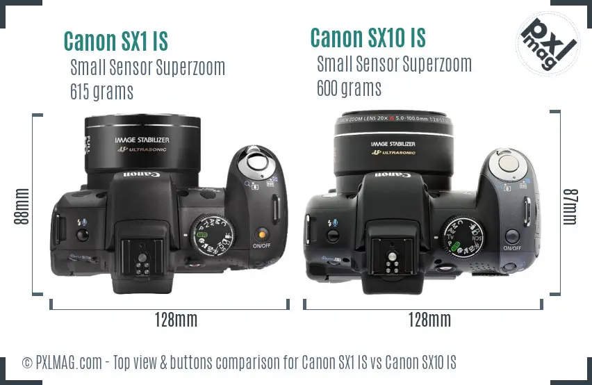 Canon SX1 IS vs Canon SX10 IS top view buttons comparison