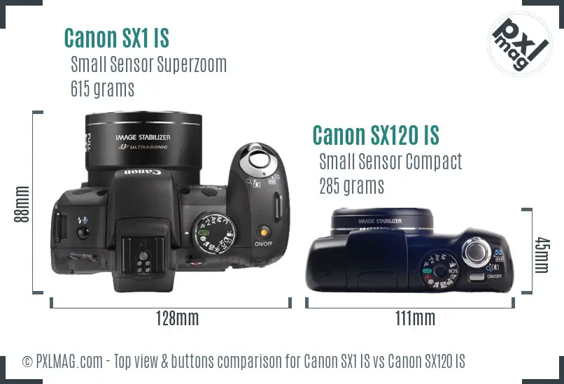 Canon SX1 IS vs Canon SX120 IS top view buttons comparison