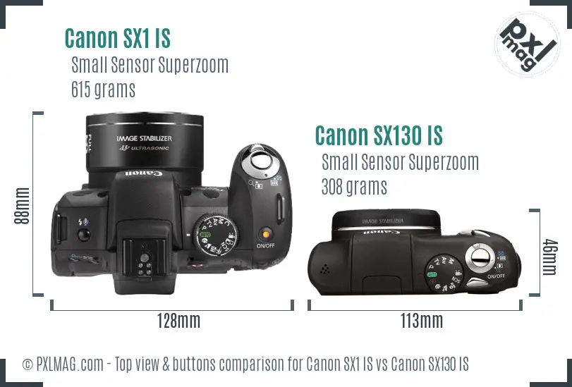 Canon SX1 IS vs Canon SX130 IS top view buttons comparison