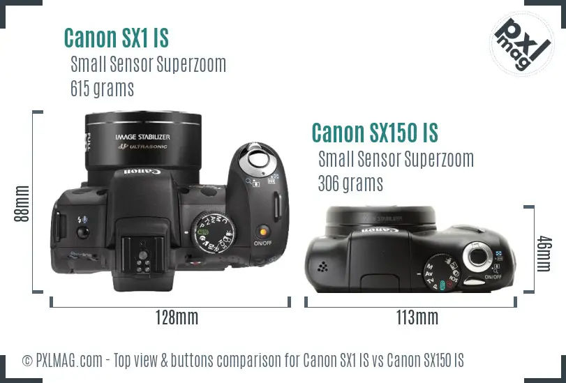 Canon SX1 IS vs Canon SX150 IS top view buttons comparison