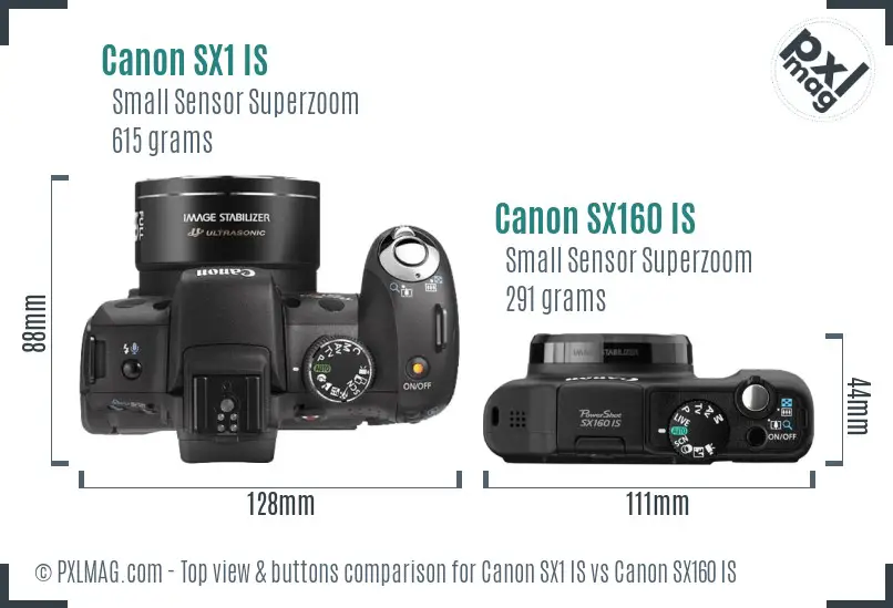 Canon SX1 IS vs Canon SX160 IS top view buttons comparison