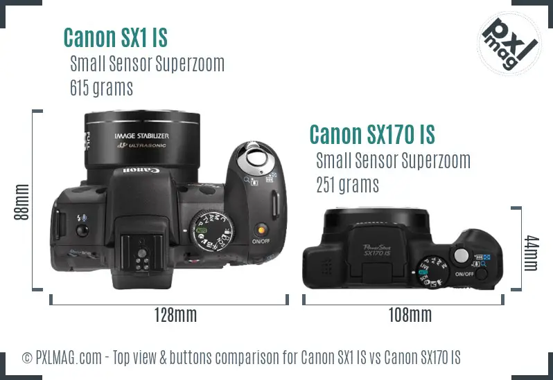 Canon SX1 IS vs Canon SX170 IS top view buttons comparison