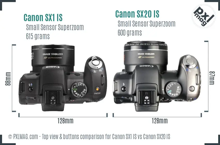 Canon SX1 IS vs Canon SX20 IS top view buttons comparison