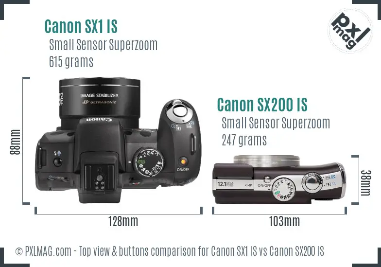 Canon SX1 IS vs Canon SX200 IS top view buttons comparison