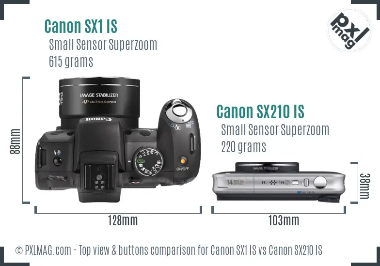 Canon SX1 IS vs Canon SX210 IS top view buttons comparison