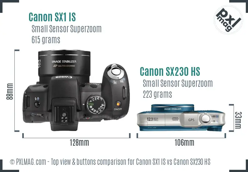Canon SX1 IS vs Canon SX230 HS top view buttons comparison
