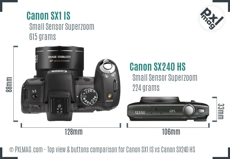 Canon SX1 IS vs Canon SX240 HS top view buttons comparison