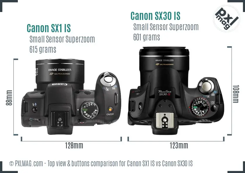 Canon SX1 IS vs Canon SX30 IS top view buttons comparison