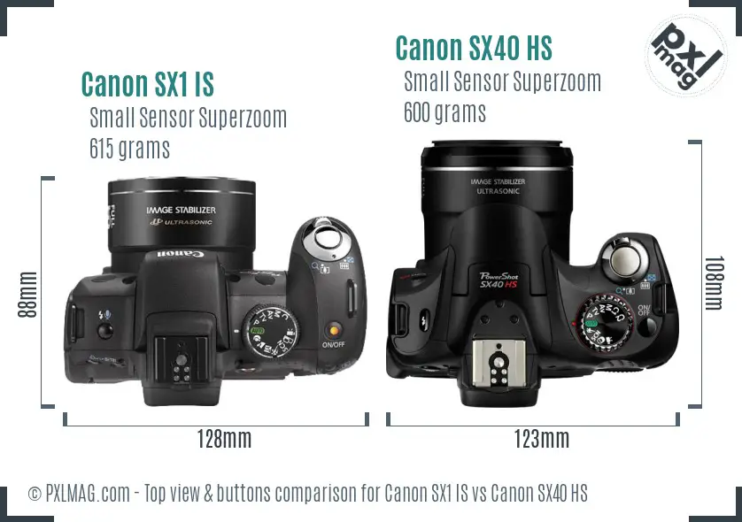 Canon SX1 IS vs Canon SX40 HS top view buttons comparison