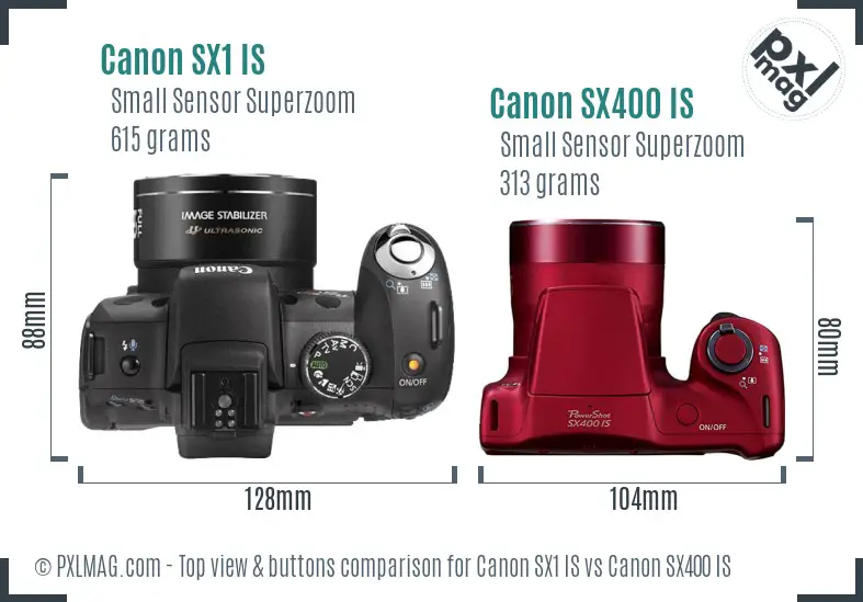Canon SX1 IS vs Canon SX400 IS top view buttons comparison
