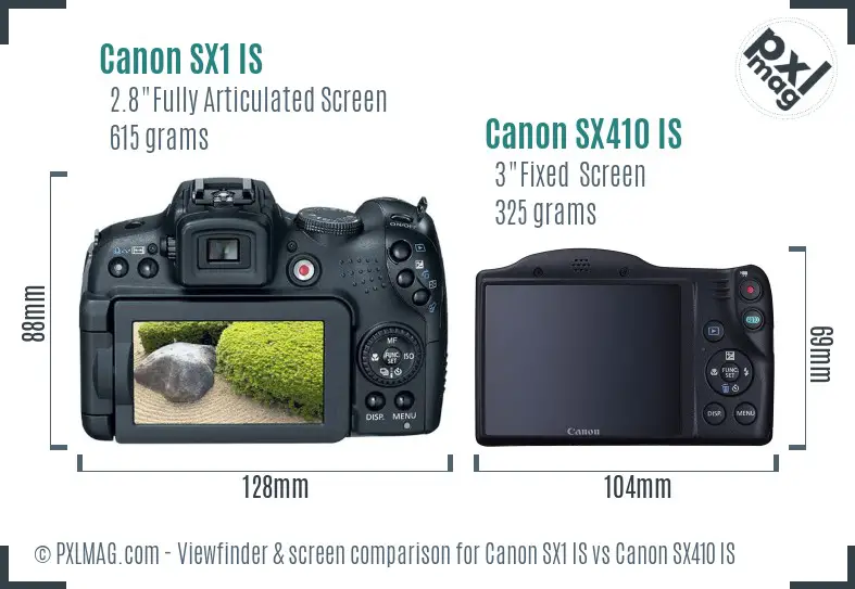 Canon SX1 IS vs Canon SX410 IS Screen and Viewfinder comparison