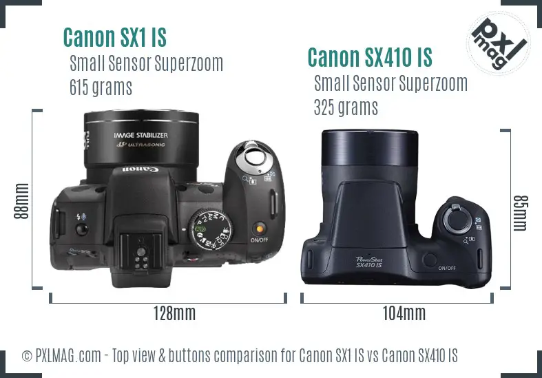 Canon SX1 IS vs Canon SX410 IS top view buttons comparison