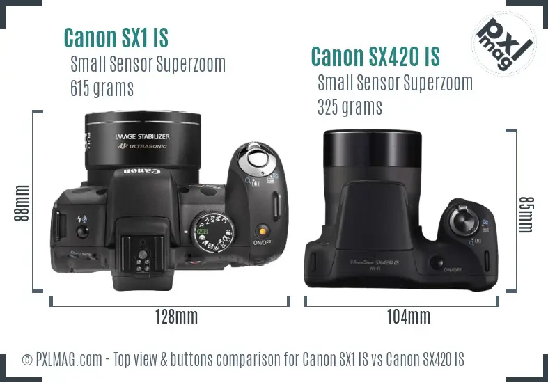 Canon SX1 IS vs Canon SX420 IS top view buttons comparison