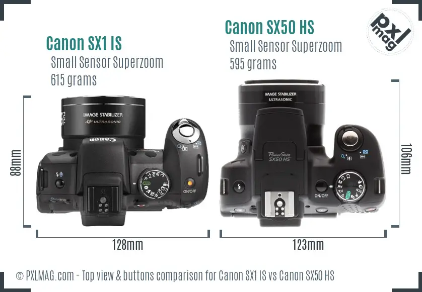 Canon SX1 IS vs Canon SX50 HS top view buttons comparison