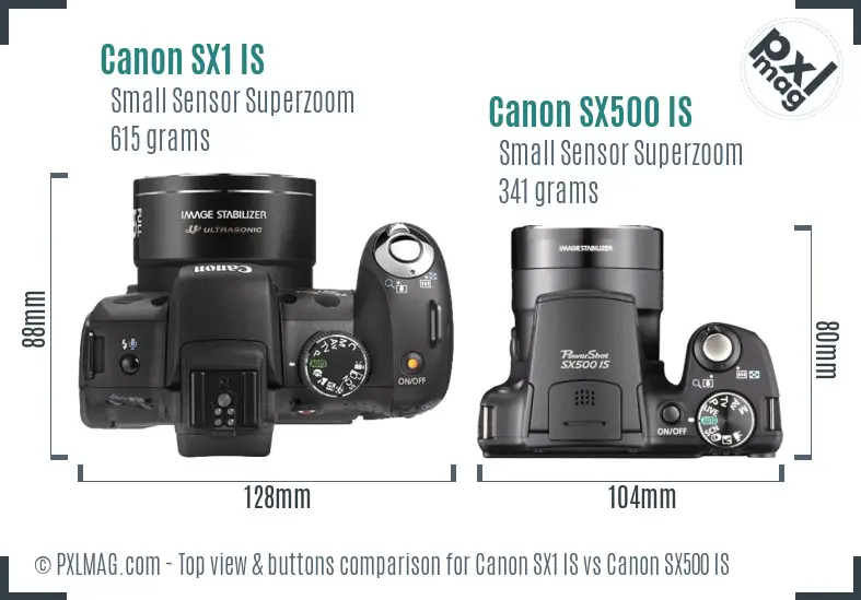 Canon SX1 IS vs Canon SX500 IS top view buttons comparison