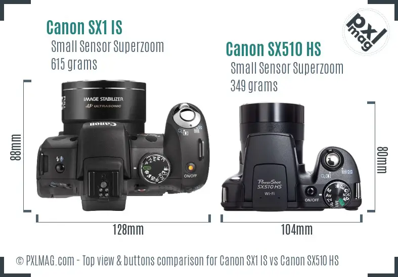 Canon SX1 IS vs Canon SX510 HS top view buttons comparison