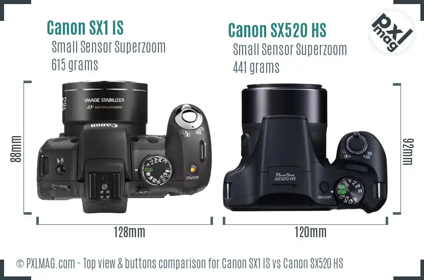 Canon SX1 IS vs Canon SX520 HS top view buttons comparison