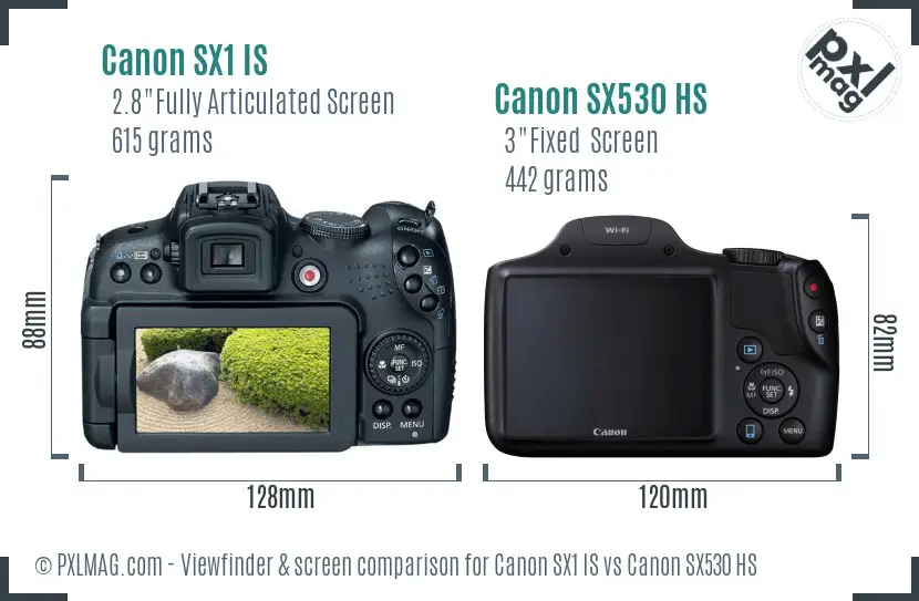 Canon SX1 IS vs Canon SX530 HS Screen and Viewfinder comparison